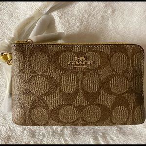 Coach Double Corner Zip Wristlet Khaki Sunflower NWT